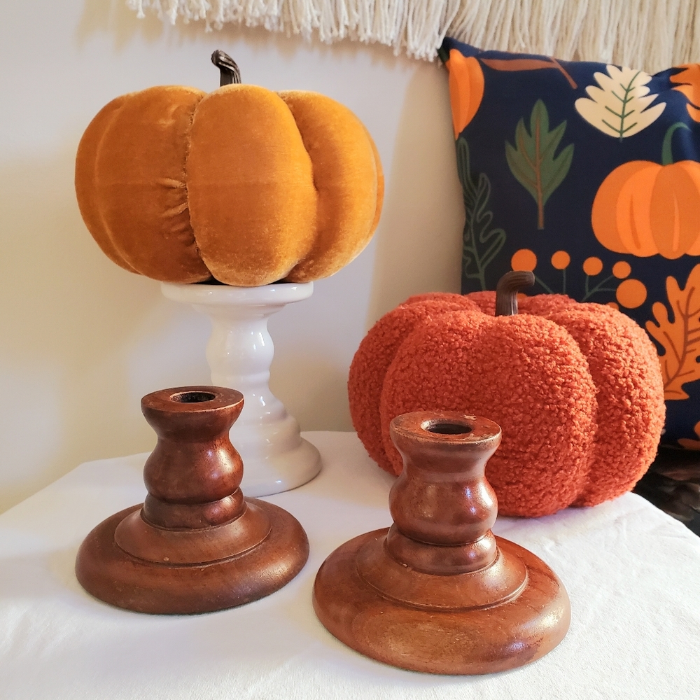 2 Pc Mid-Centry Wooden Taper Vintage Pine Candle Holders
